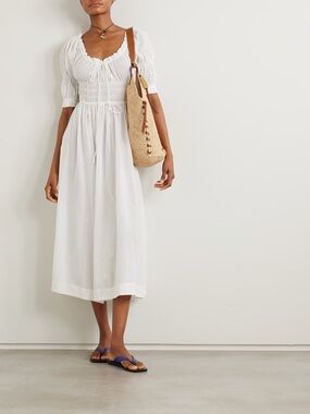 Doen Small Ischia white shirred organic cotton-blend voile midi dress